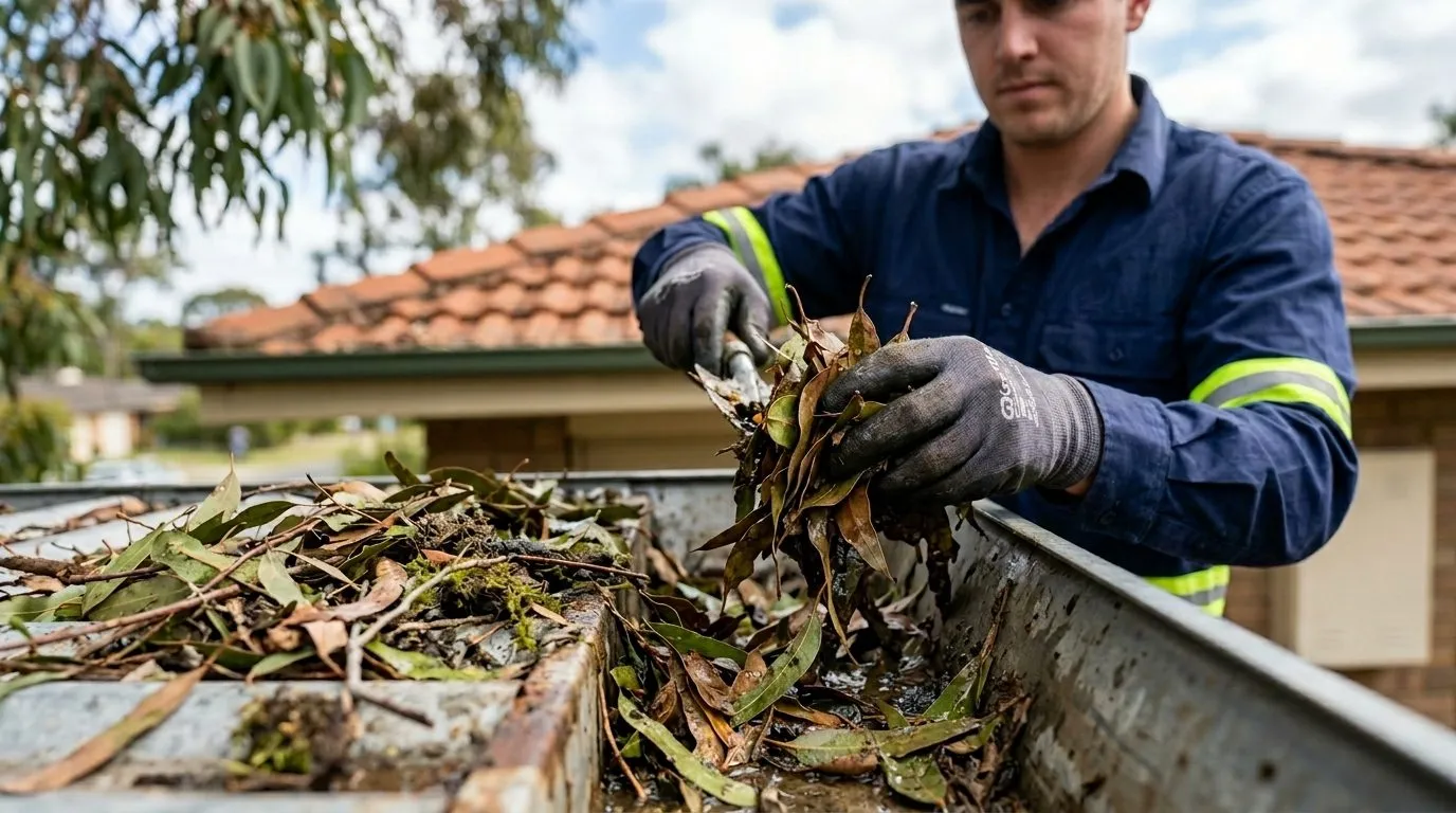 Professional cleaning debris from gutters on a home