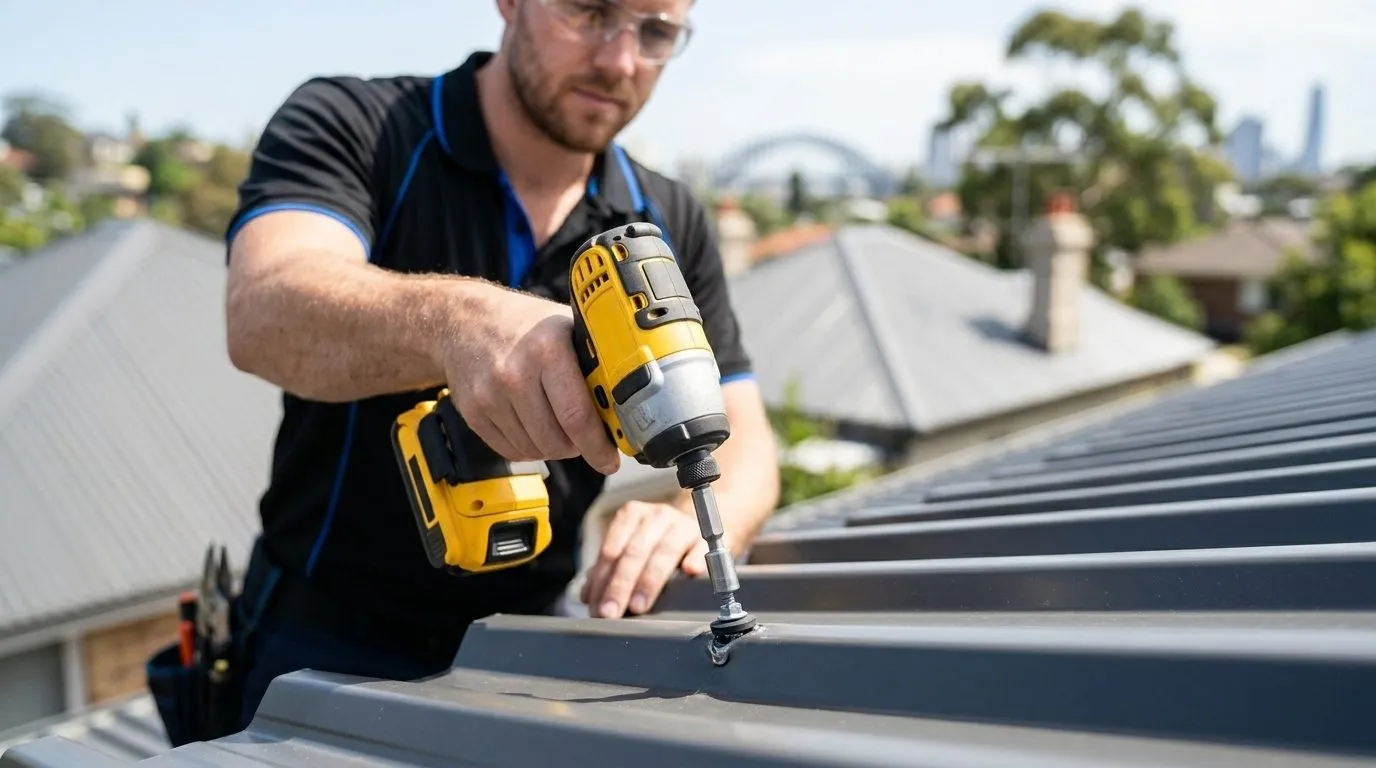 Tradesman working on roof tiles